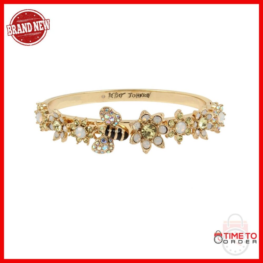 Gold-Tone Hinged Bangle Bracelet With Bee And Flower Motifs